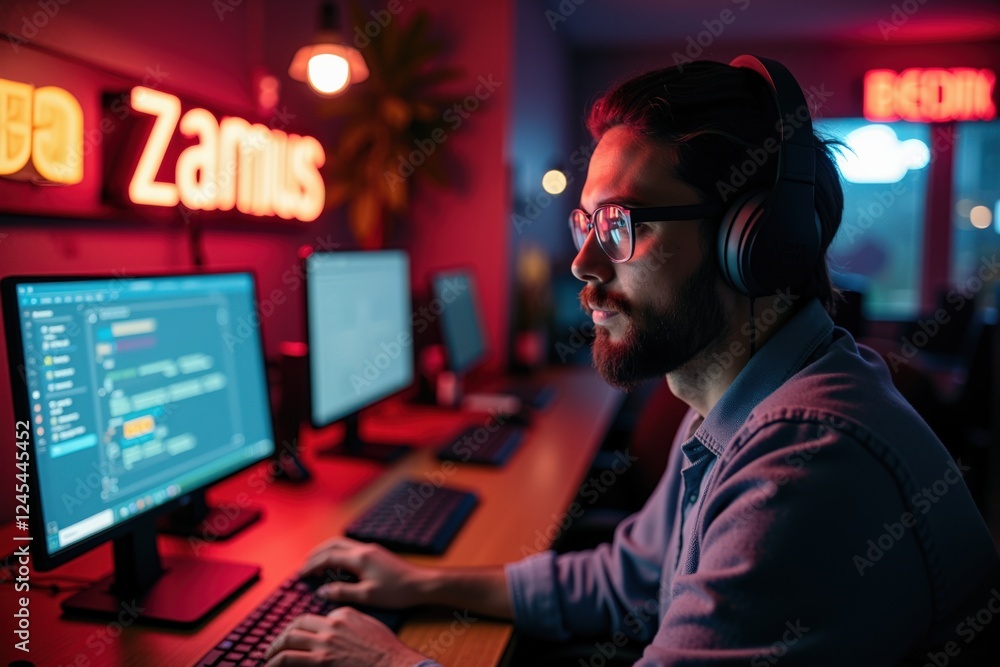 Focused Programmer in a Dimly Lit Workspace, Immersed in Coding and Surrounded by Neon Lights, Showcasing a Modern Tech Environment and Digital Creativity Focused Programmer in a Dimly Lit Workspace, Immersed in Coding and Surrounded by Neon Lights, Showcasing a Modern Tech Environment and Digital Creativity