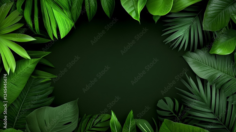 Tropical Leaf Frame: Lush tropical leaves frame a dark background, creating a vibrant and inviting space for text or imagery. Perfect for adding a touch of the tropics to your design. Tropical Leaf Frame: Lush tropical leaves frame a dark background, creating a vibrant and inviting space for text or imagery. Perfect for adding a touch of the tropics to your design.
