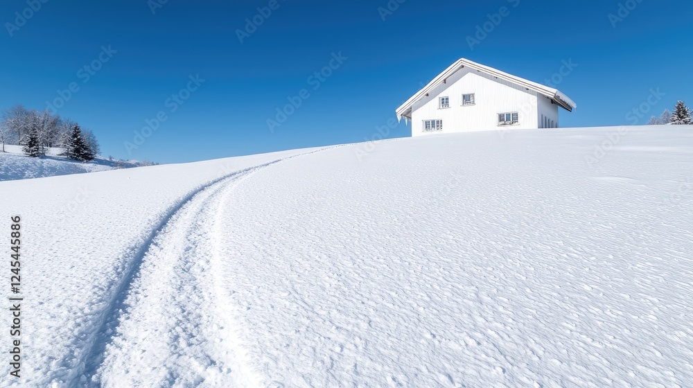 Snow-covered field, white house, winter landscape, serene scene, postcard Snow-covered field, white house, winter landscape, serene scene, postcard