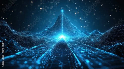 Futuristic digital landscape with glowing pathway leading to a peak.