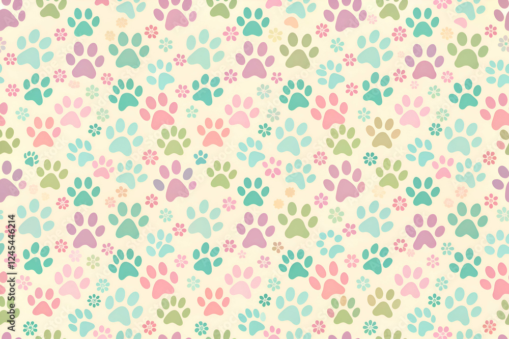 Pastel Paw Prints and Flowers. A Charming Seamless Pattern Pastel Paw Prints and Flowers. A Charming Seamless Pattern