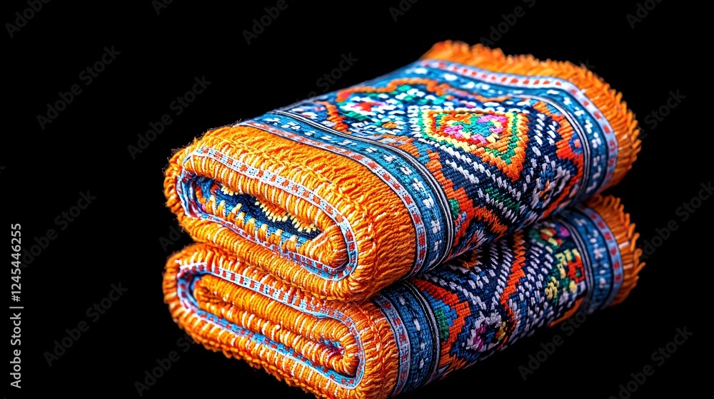 Folded vibrant textiles, artisan craft, dark background, online shop product Folded vibrant textiles, artisan craft, dark background, online shop product