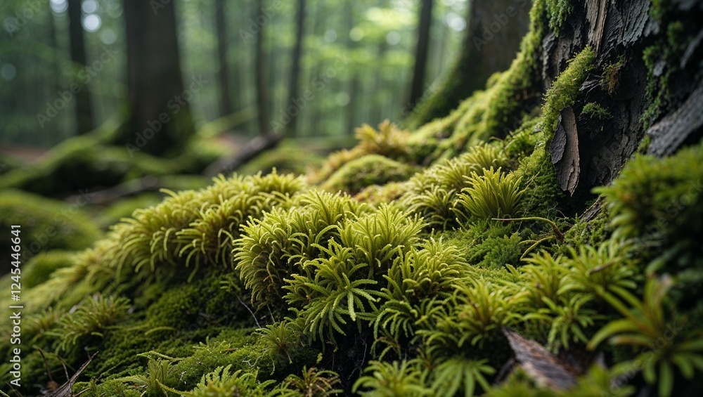 Green moss and fern thrive on a tree's branch in the natural summer forest Green moss and fern thrive on a tree's branch in the natural summer forest