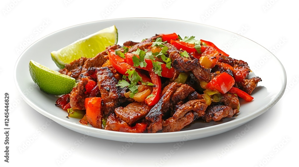 A simple presentation of fajitas on a clean white plate with a lime wedge A simple presentation of fajitas on a clean white plate with a lime wedge
