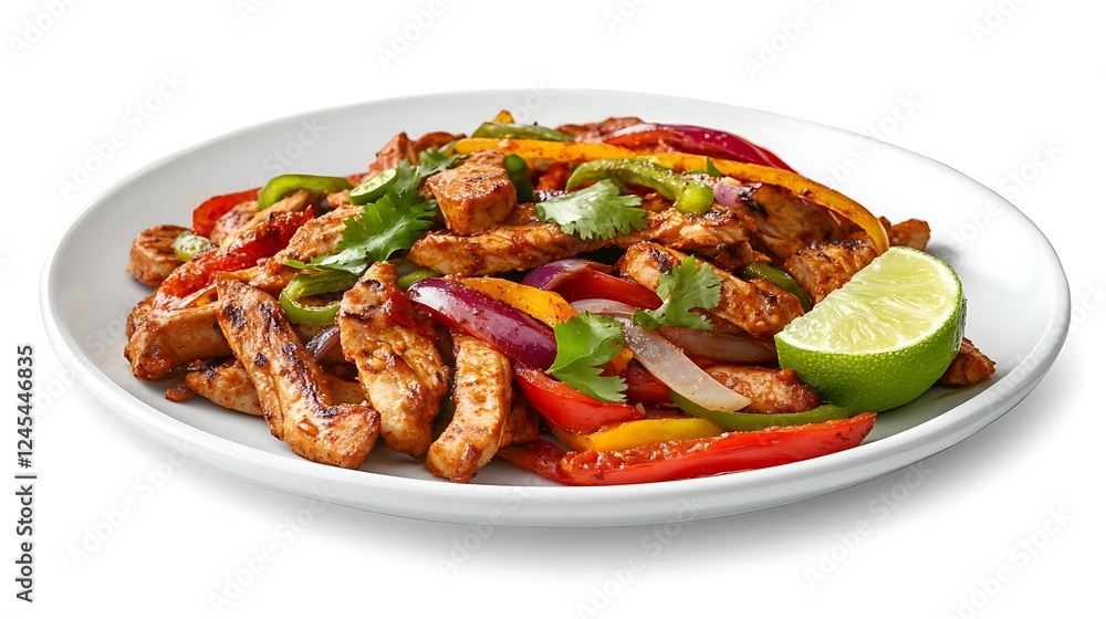 A simple presentation of fajitas on a clean white plate with a lime wedge A simple presentation of fajitas on a clean white plate with a lime wedge