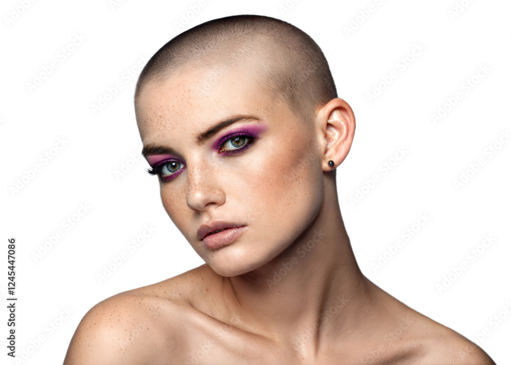 Shaved Head Model Posing with Freckles and Purple Eyes. Shaved Head Model Posing with Freckles and Purple Eyes.