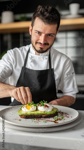 Chef Preparing Delicious Avocado Toast with Poached Eggs photo