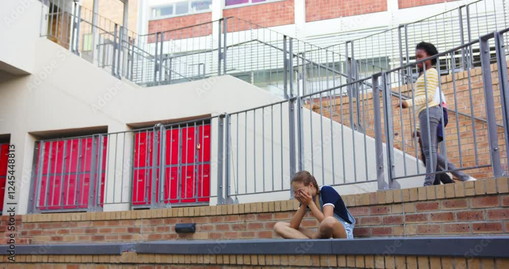 In school, two girls teasing another girl sitting alone on brick steps
