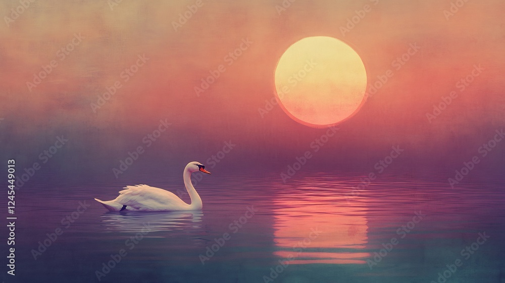Fototapeta premium Serene swan glides peacefully on calm water bathed in soft sunset light. AI Generated