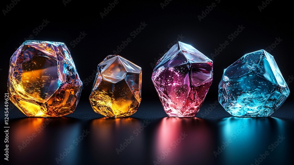Radiant Crystalline Gemstones Collection Displayed in Vibrant Hues on Dark Reflective Surface Showcase. Radiant Crystalline Gemstones Collection Displayed in Vibrant Hues on Dark Reflective Surface Showcase.