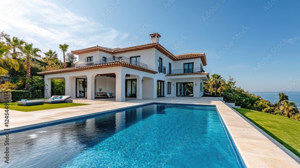 Fototapeta premium Traditional white house with pool on hill with sea view