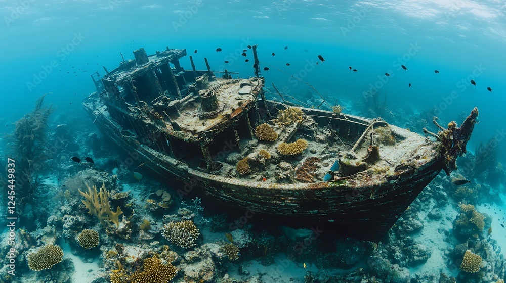 Sunken Shipwreck Undersea Realm Resting on Coral Reefs with Fish Around Sunken Shipwreck Undersea Realm Resting on Coral Reefs with Fish Around