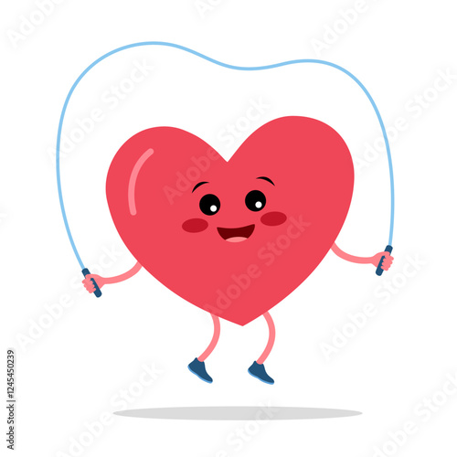 Healthy heart. Healthy lifestyle. Cute heart cartoon character is jumping rope vector illustration.