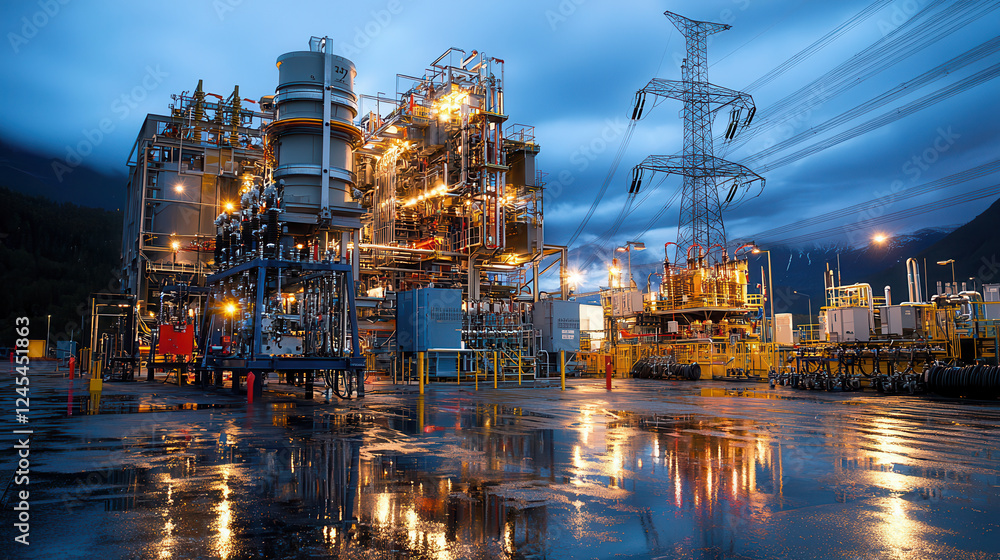 Fototapeta premium High voltage power station with transformers and industrial equipment, illuminated at night, reflecting on wet ground