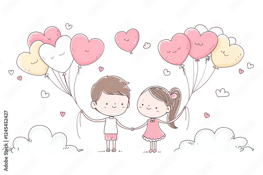 Cute couple with heart balloons, symbolizing love and happiness. Cute couple with heart balloons, symbolizing love and happiness.