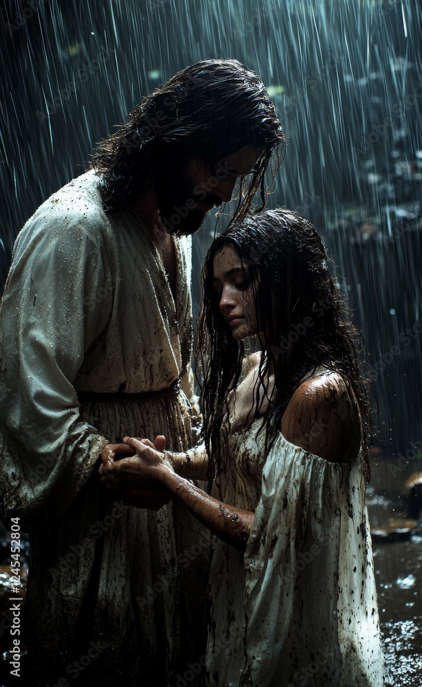 Φωτογραφία Jesus standing in the rain, He helping a woman get out of the mud