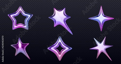 Holographic 3d stars collection - iridescent purple and pink geometric shapes with glossy gradient finish, retro y2k style decorative elements, metallic star symbols with luminous reflections.
