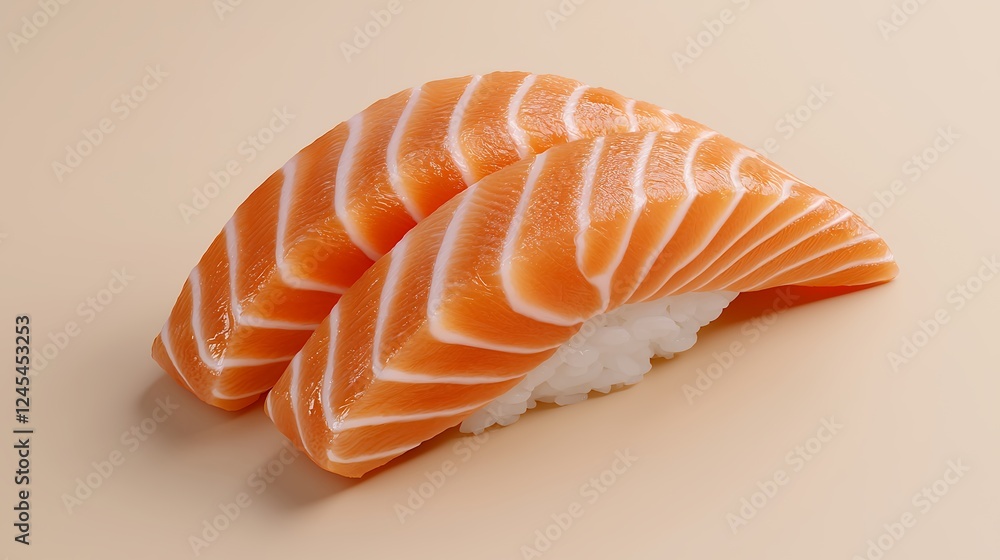 Two Pieces of Salmon Nigiri Sushi on Beige Background Two Pieces of Salmon Nigiri Sushi on Beige Background