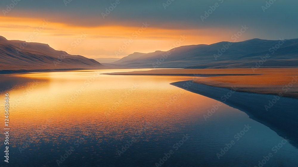 Fototapeta premium Golden Hour River Valley Serene Landscape Warm light paints tranquil scene. AI Generated