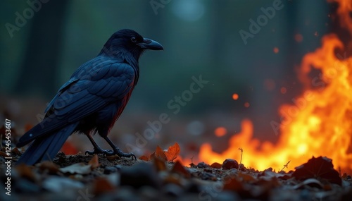 The raven blends with the darkness as it watches the burning flame, , raven camouflage