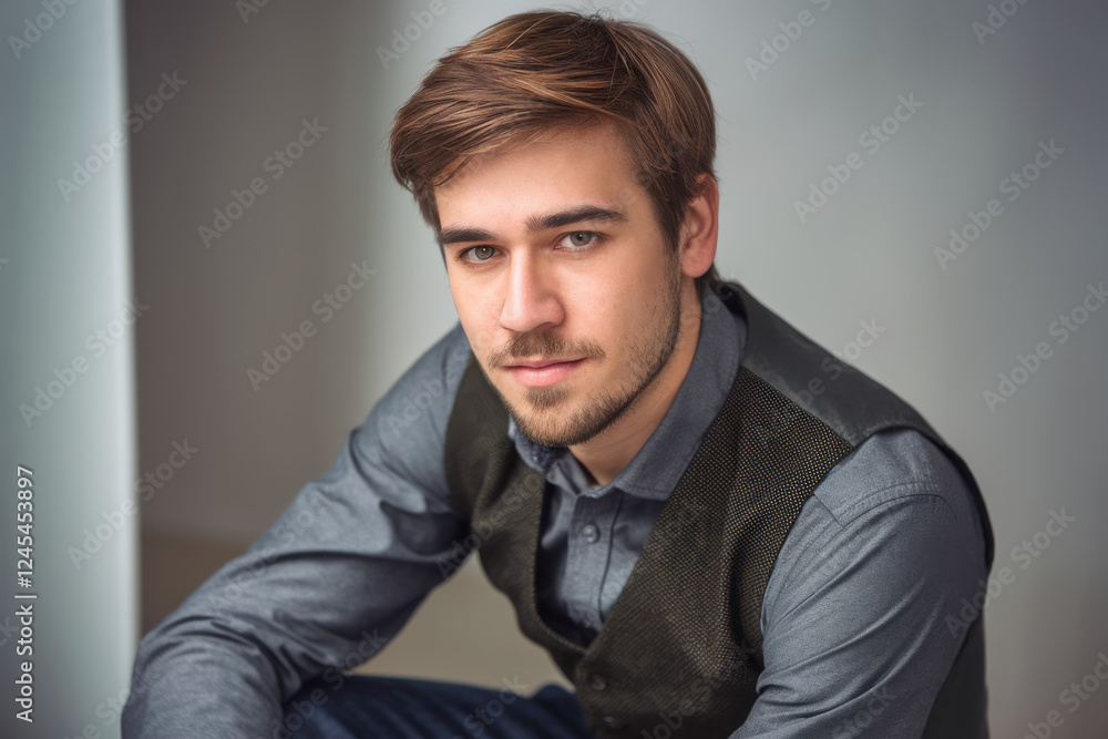 Obraz premium Portrait of young man sitting on stool in studio