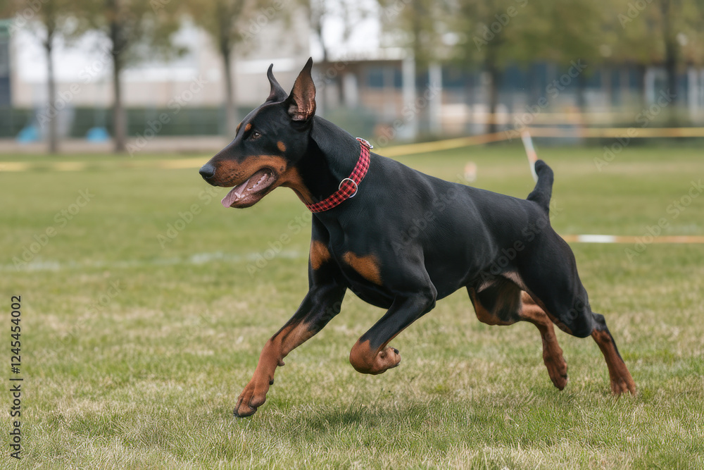 A Doberman Pinscher running during a training session A Doberman Pinscher running during a training session