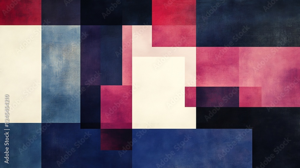 Abstract painting features overlapping crimson navy squares soft light. AI Generated Abstract painting features overlapping crimson navy squares soft light. AI Generated