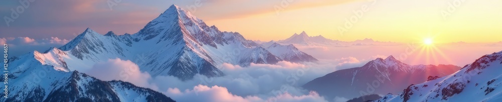Snow-covered mountain peaks bathed in warm morning light, light, misty, dawn Snow-covered mountain peaks bathed in warm morning light, light, misty, dawn