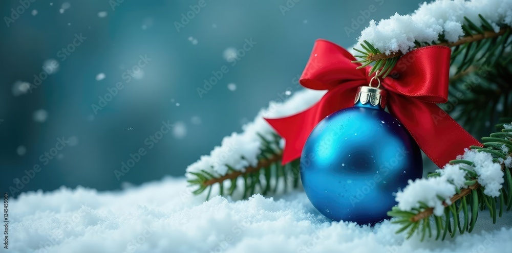 Snow-covered fir branch with a red ribbon wrapped around it holding a blue glass ball ornament, snow, evergreen Snow-covered fir branch with a red ribbon wrapped around it holding a blue glass ball ornament, snow, evergreen