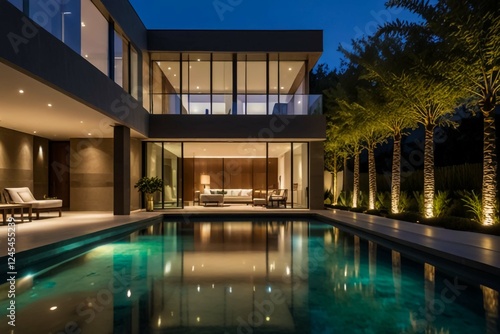 Florida  USA. Modern building with swimming pool  trees  chairs. Urban landscape with blue reflecting pool  city architecture  and scenic environment.