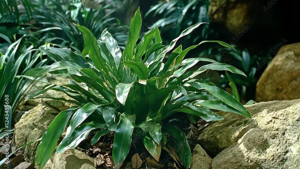 Lush green foliage thriving in a natural rocky habitat at midday sunlight Lush green foliage thriving in a natural rocky habitat at midday sunlight