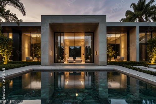 Florida  USA. Modern building with swimming pool  trees  chairs. Urban landscape with blue reflecting pool  city architecture  and scenic environment.