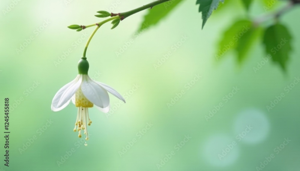 Single white flower with long green leafy appendages suspended from the end of a branch, bloom, branches, botanicals Single white flower with long green leafy appendages suspended from the end of a branch, bloom, branches, botanicals