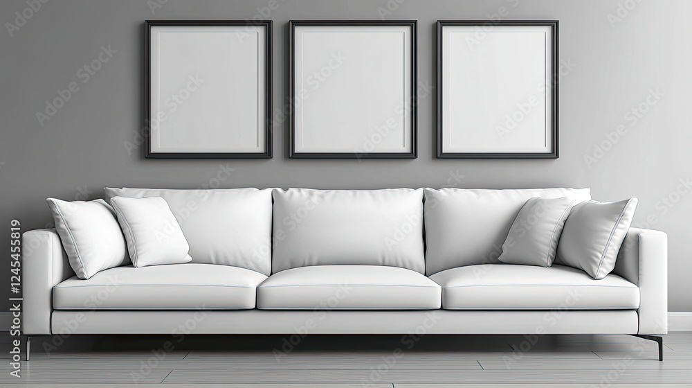 White sofa and posters, frames on gray wall. Interior design of modern living room White sofa and posters, frames on gray wall. Interior design of modern living room