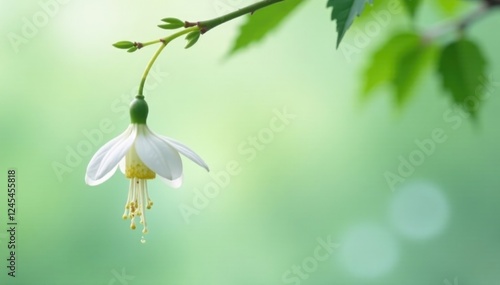 Single white flower with long green leafy appendages suspended from the end of a branch, bloom, branches, botanicals photo