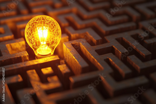 A visually striking maze is depicted, featuring intricate pathways that lead to a glowing lightbulb photo