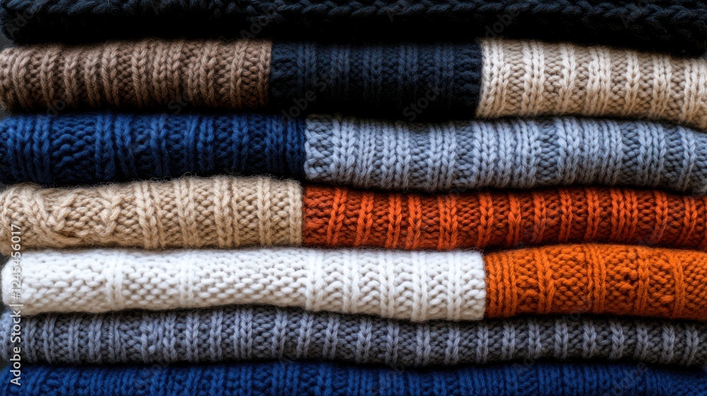 Cozy, warm-hued knitted sweaters perfectly arranged, showcasing texture and artisanal craftsmanship in inviting tones. Cozy, warm-hued knitted sweaters perfectly arranged, showcasing texture and artisanal craftsmanship in inviting tones.