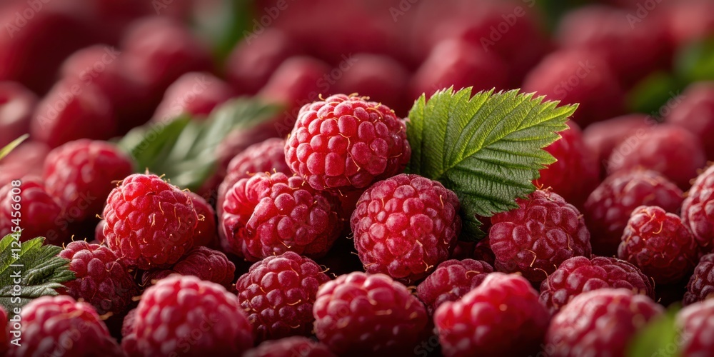 A vibrant display of luscious ripe raspberries, intertwined with green leaves, showcases the rich colors and freshness of nature's bounty. A vibrant display of luscious ripe raspberries, intertwined with green leaves, showcases the rich colors and freshness of nature's bounty.