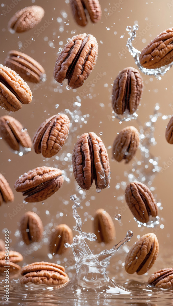 Fresh nuts splashing into water, creating a vibrant, dynamic scene. Fresh nuts splashing into water, creating a vibrant, dynamic scene.