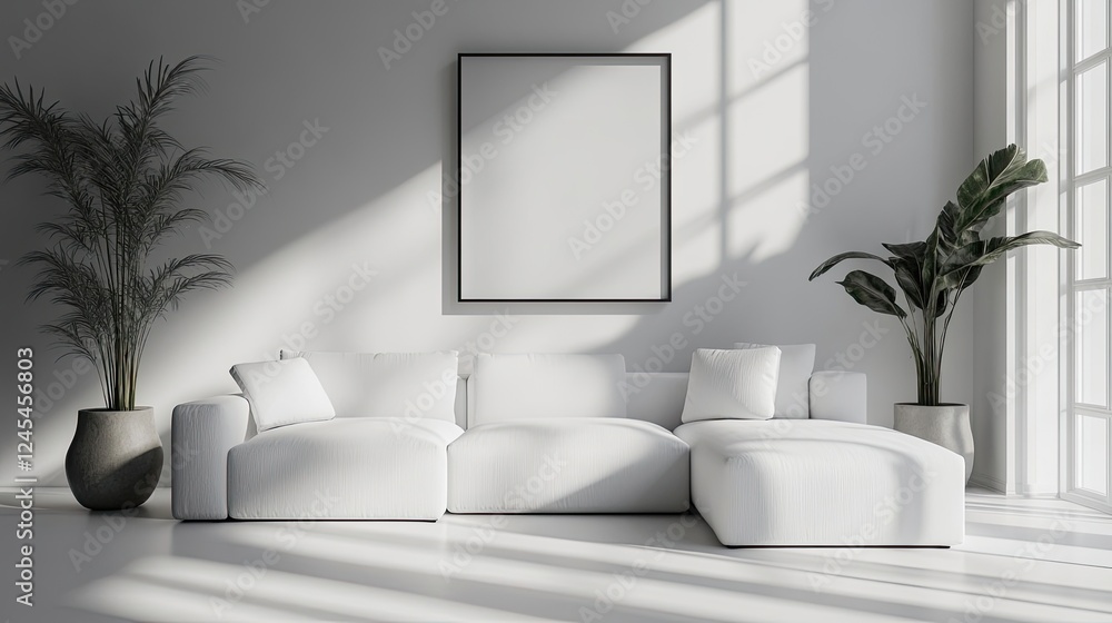 White sofa near wall with mock-up frame in minimalist modern living room White sofa near wall with mock-up frame in minimalist modern living room