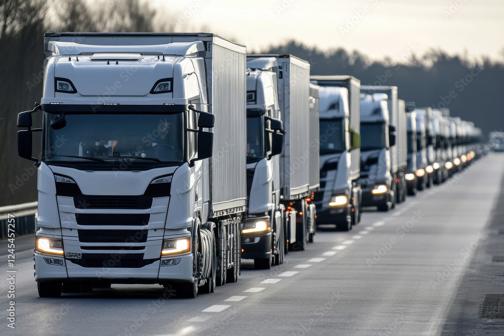A line of trucks carrying containers on an industrial road A line of trucks carrying containers on an industrial road
