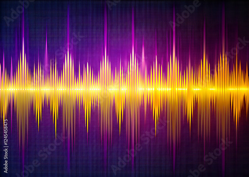 Abstract Sound Wave Visualization. Golden Frequency Spectrum on Purple Background