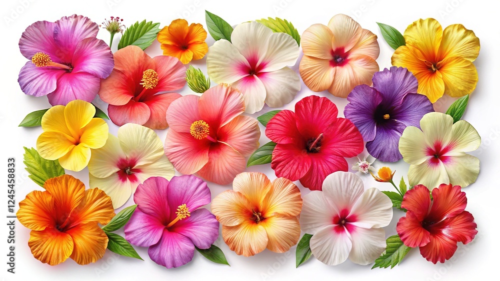 Night Photography: Multicolored Hibiscus Flowers Isolated on White, Tropical Flat Lay Night Photography: Multicolored Hibiscus Flowers Isolated on White, Tropical Flat Lay