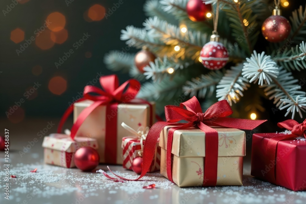 Gift boxes and presents under a white pine tree, presents, festive Gift boxes and presents under a white pine tree, presents, festive