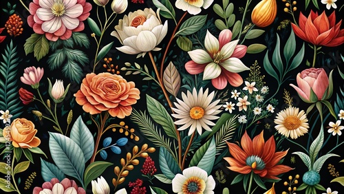 Scandinavian Floral Bloom Long Exposure, Dark Background Wallpaper Texture