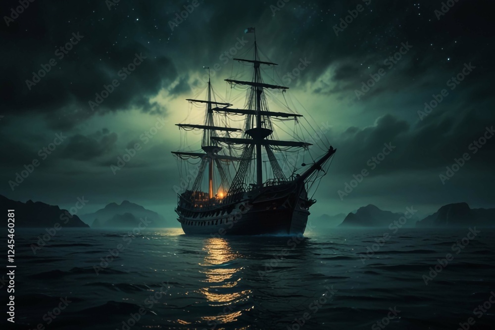 Obraz premium Jolly Roger in the sky over the sailing ship