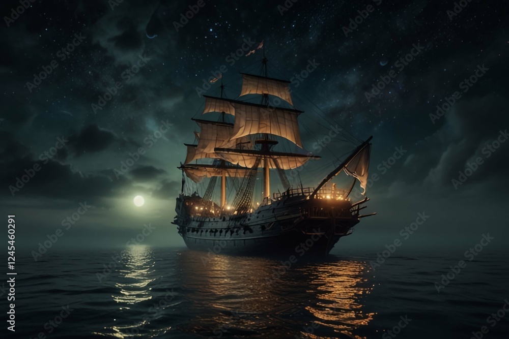 Obraz premium Jolly Roger in the sky over the sailing ship