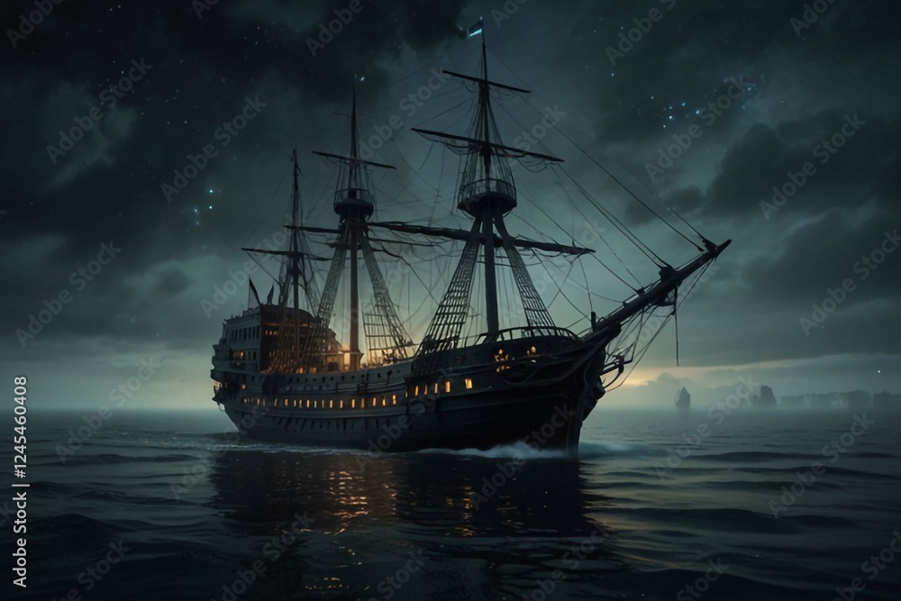 Jolly Roger in the sky over the sailing ship Jolly Roger in the sky over the sailing ship