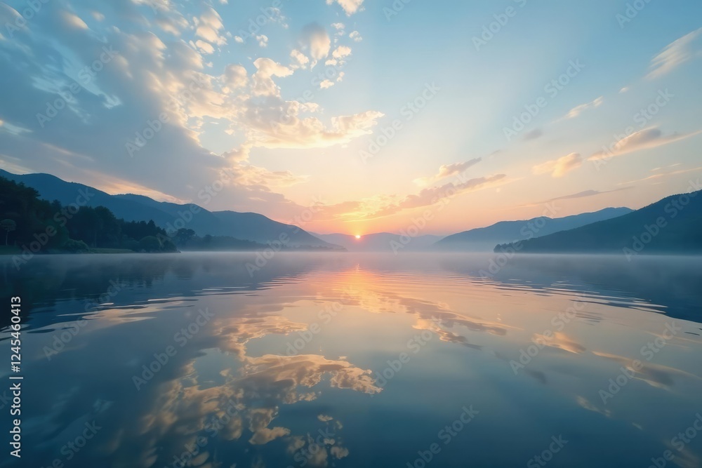 Delicate cirrus clouds reflected in a calm lake's surface at dawn, peaceful scene, dew, sunlight Delicate cirrus clouds reflected in a calm lake's surface at dawn, peaceful scene, dew, sunlight