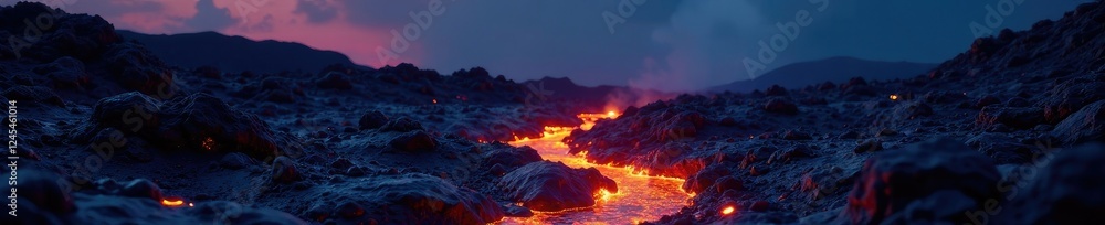 Dark lava flows over rough terrain as night falls, lava, flowing, fiery Dark lava flows over rough terrain as night falls, lava, flowing, fiery